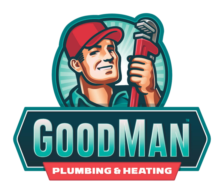 Logo features a smiling cartoon plumber holding a large wrench above the words “GoodMan Plumbing & Heating” in bold letters.