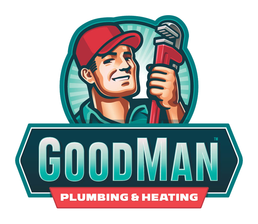 Logo features a smiling cartoon plumber holding a large wrench above the words “GoodMan Plumbing & Heating” in bold letters.